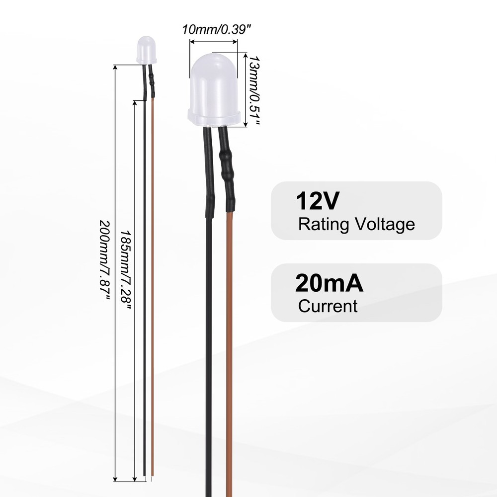 50pcs 10mm LED Diode Lights, Warm White Light DC 12V for Electronics