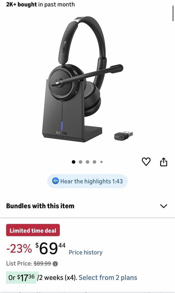 LEVN LE-HS013 Bluetooth Headset, Noise Cancellation, Boom Mic, Charging Base