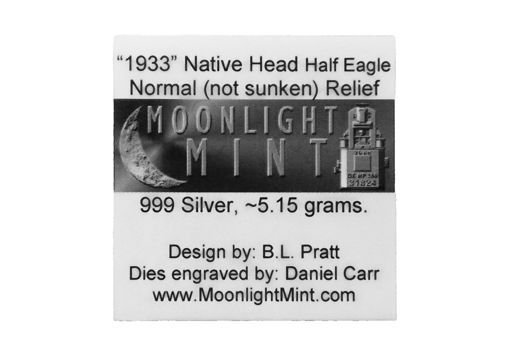 D. Carr - 1933 Native Head Half Eagle - Normal (not sunken) Relief - 999 Silver