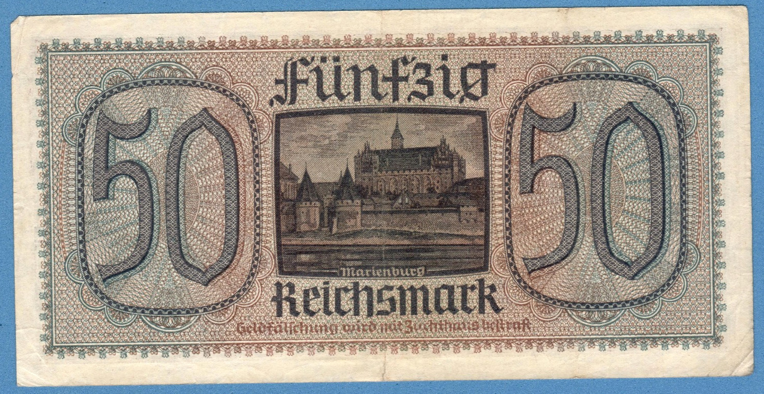 1940-45 GERMANY OCCUPIED TERRITORIES 50 RM EAGLE W/H SWASTIKA VF 1479