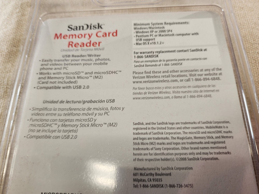 NEW Verizon Universal SanDisk Mobile Mate Micro Memory Card Reader 619659038779