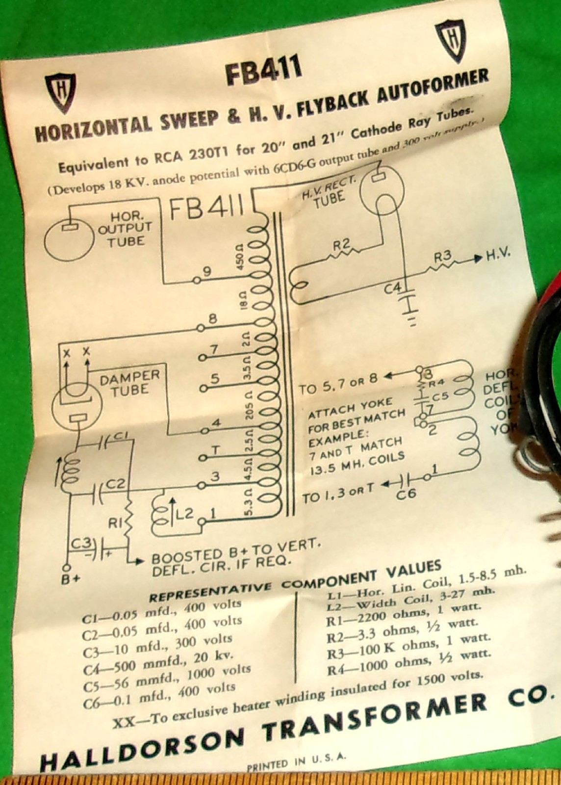 Halldorson FB411 Horizontal Sweep/HV Flyback Autoformer NOS Clean1 Orig. Carton!