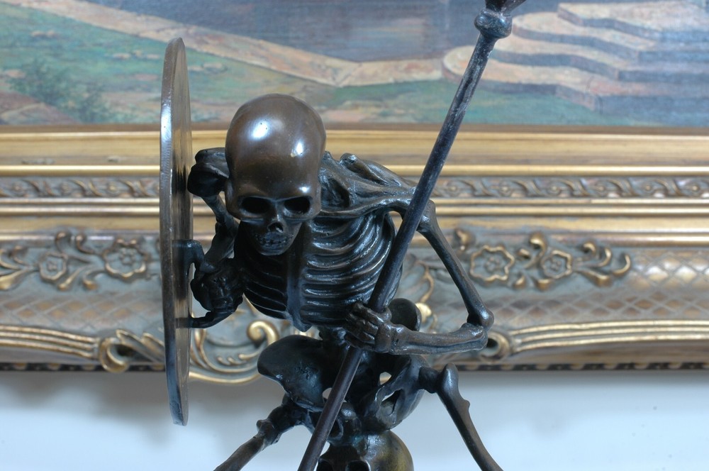 Signed Milo Bronze Statue, Bronze Skull Skeleton Warrior sculpture