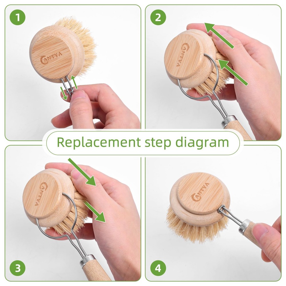 Bamboo Scrub Brush 3 Pcs Replacement Head Natural Soft Kitchen Dish Brush With H