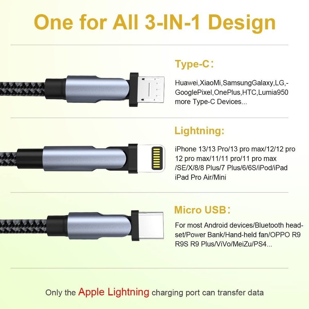 180°Rotation Multi 3-in-1 Universal USB Charging Cable 6ft Lighting+Type C+Mi