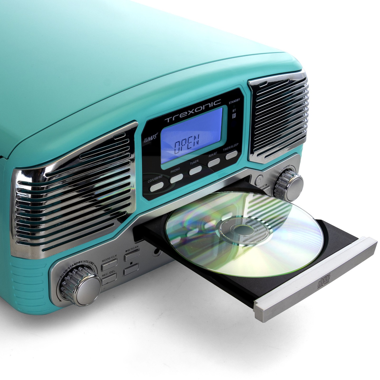 Trexonic Retro Wireless Bluetooth, Record and CD Player in Turquoise