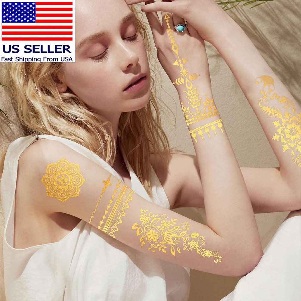 9 Sheets Metallic Tattoos, Elaborate Floral Elephant Patterns Metallic Temporary