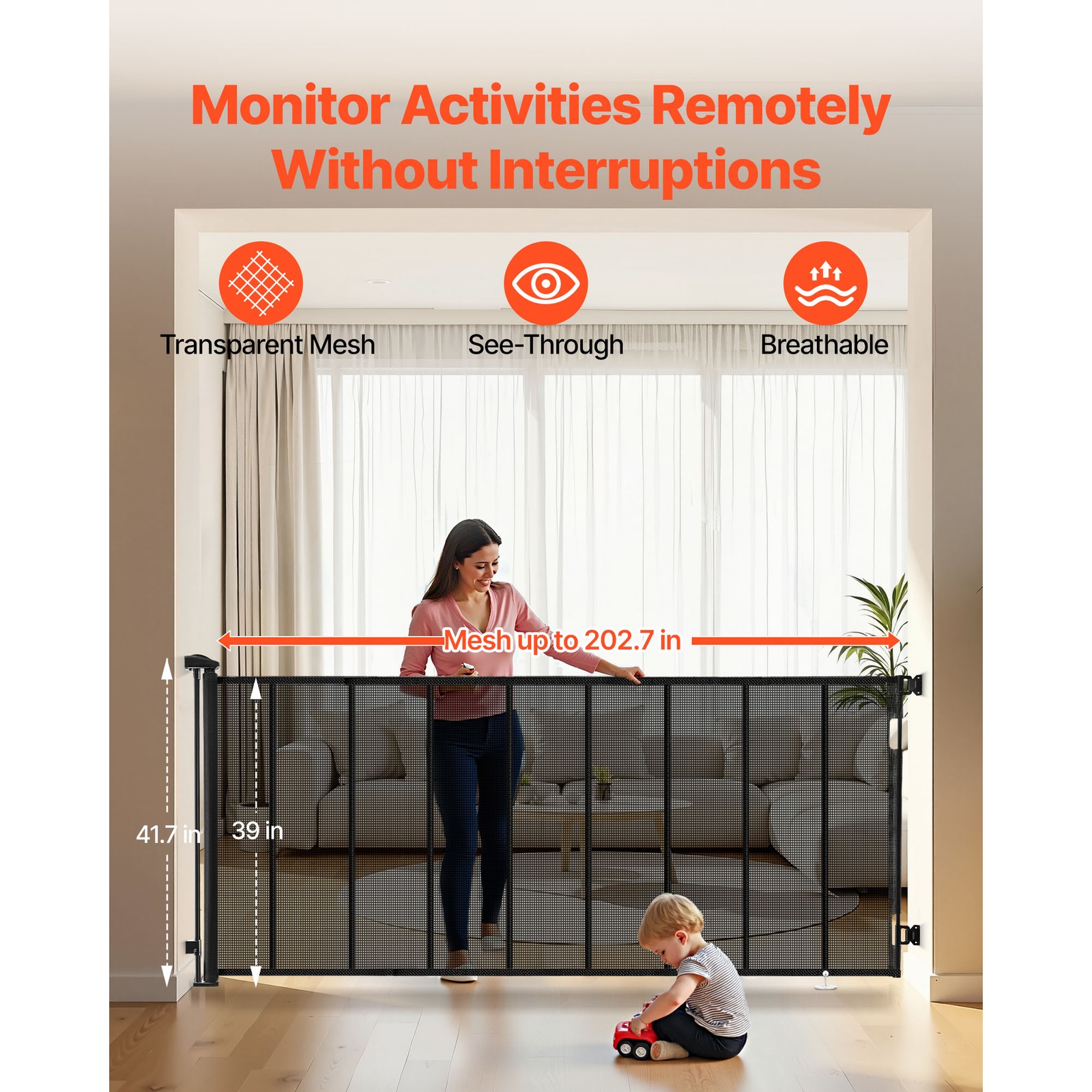 Uimoso Retractable Mesh Gate for Pets and Babies, 202.7 x 39 Inches, Black