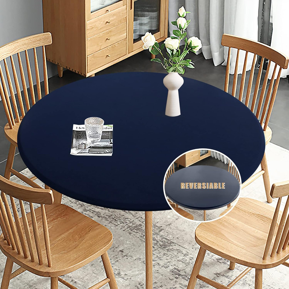 Fitted round Table Cloth, Reversible Waterproof Stain Resistant Elastic Stretch
