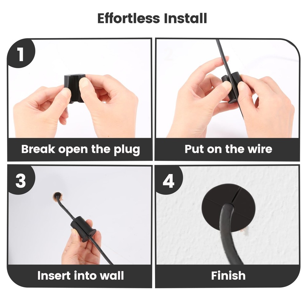 Wall Grommet, Silicone Cable Routing Kit for Hole, 2pc, black