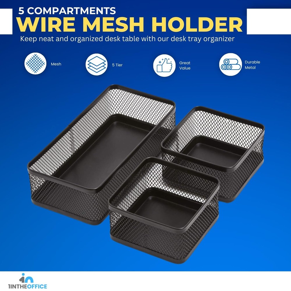 1InTheOffice Mesh Collection Desk Drawer Organizer Tray 3 Compartment - Stack...