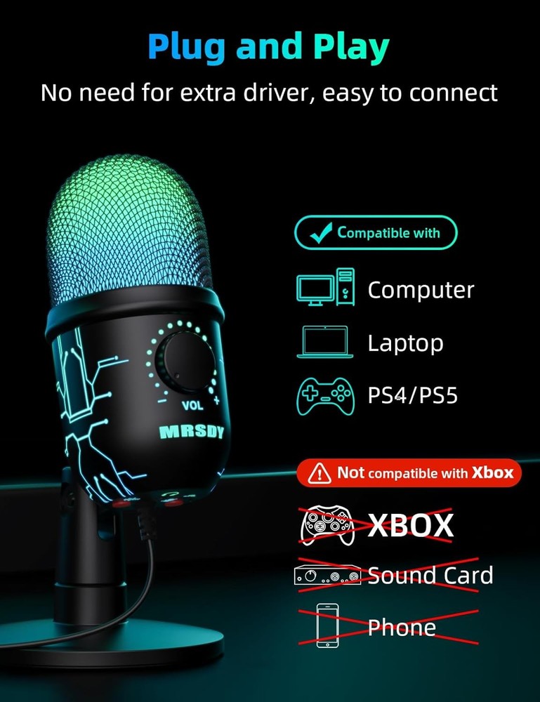 Gaming USB Microphone for PC Mac PS4 PS5 Podcast Streaming LED