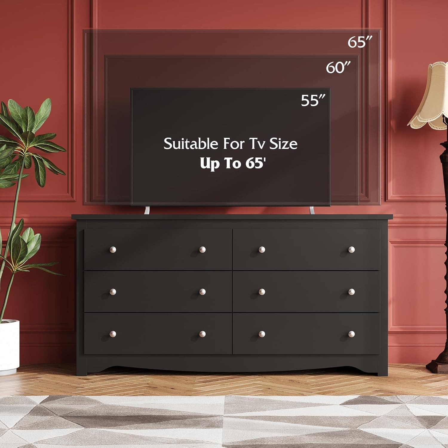 Black Wooden 6-Drawer Dresser, 59" Wide Modern Chest for Bedroom & Living Room