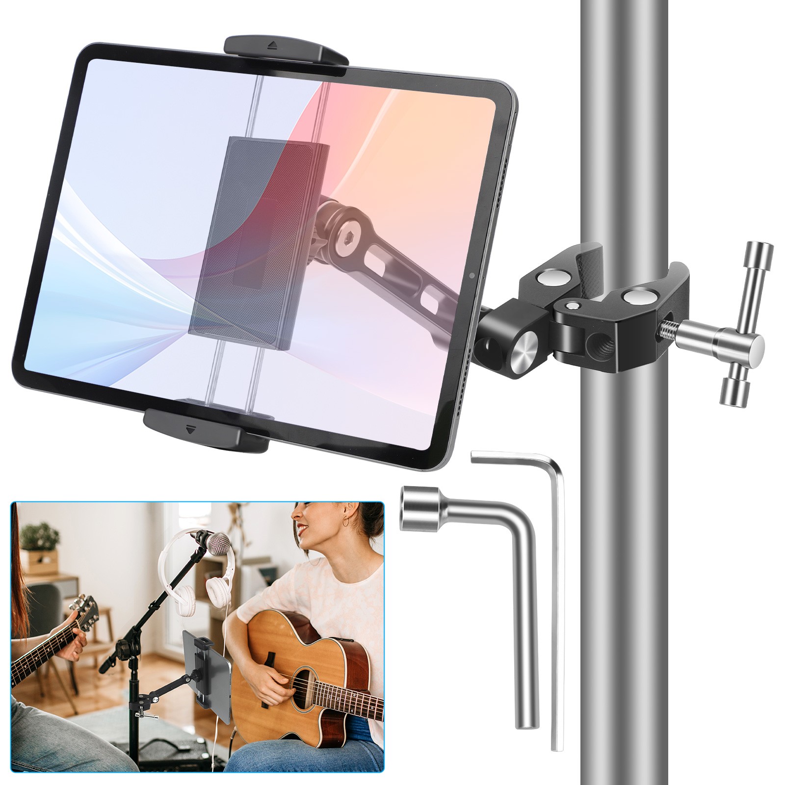 Mic Stand Tablet Holder Mount for 4.7–12.9" iPad iPhone Aluminum Adjustable