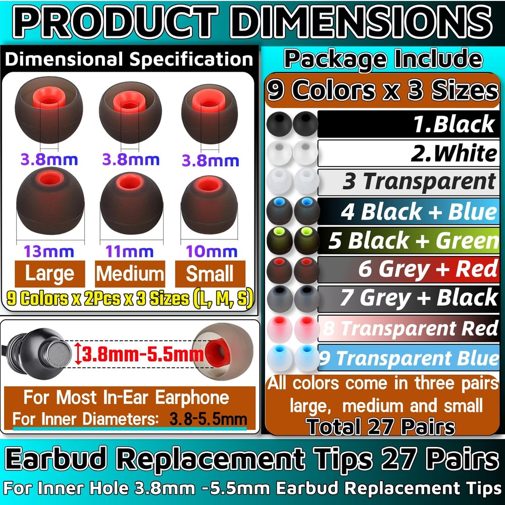 54Pcs Earbud Replacement Tips，Ear Bud Rubber Tips Silicone 1