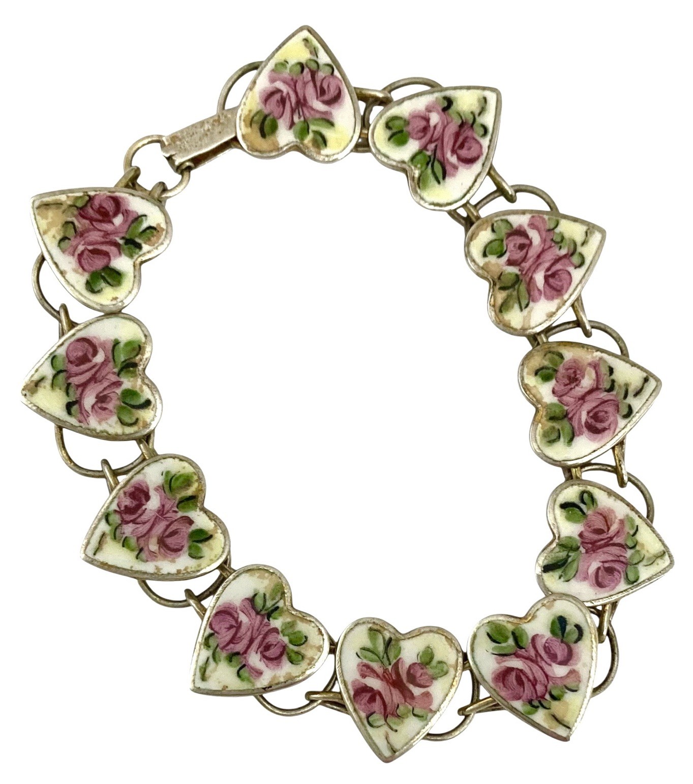 ANTIQUE ART DECO Sterling Gold Vermeil PINK ROSE SWEETHEART Link Bracelet