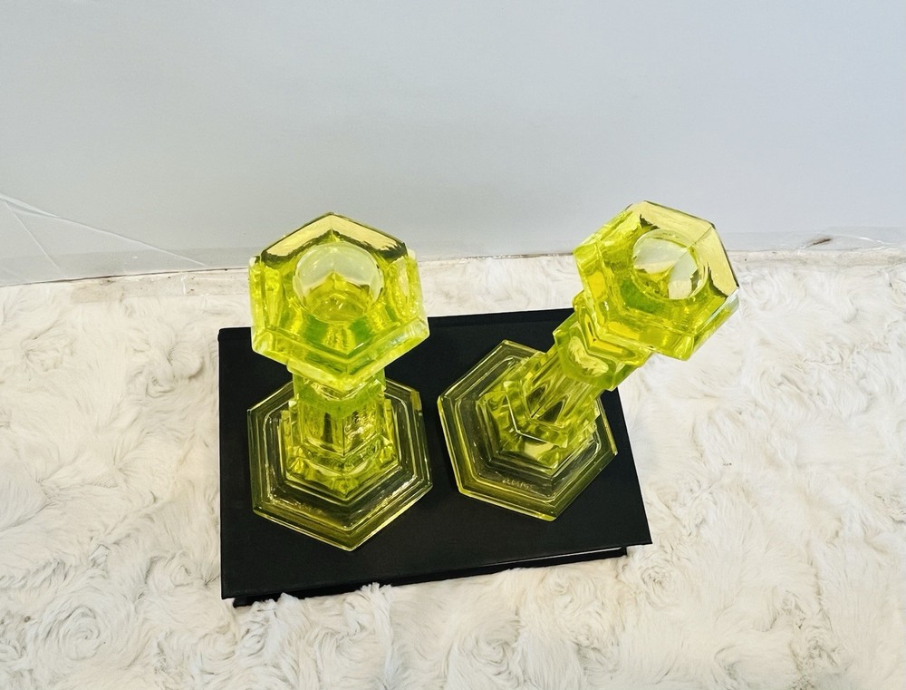 Vintage Vaseline Glass Candlesticks Pair GLOWS 8” Tall EUC