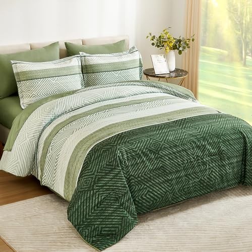 Striped Comforter Set Size 7 Pieces Reversible Bedding Set, Queen Olive Green