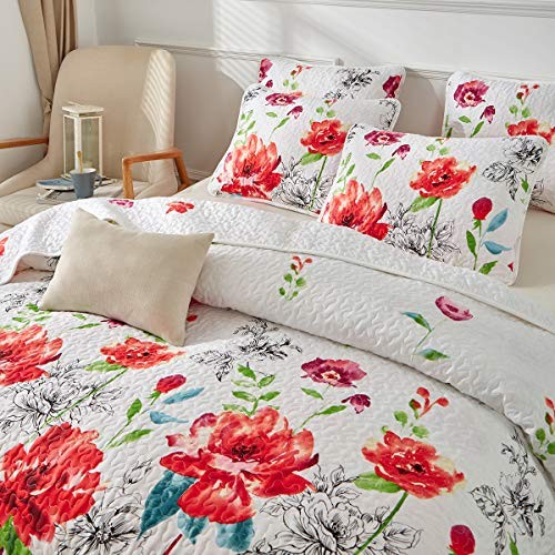 3 Piece Queen Reversible Floral Quilt Set White Red Green Queen (90x90) Flower
