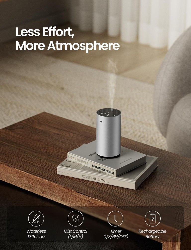 Waterless Essential Oil Diffuser, Rechargeable Scent Diffusers with 3 Mist Le...