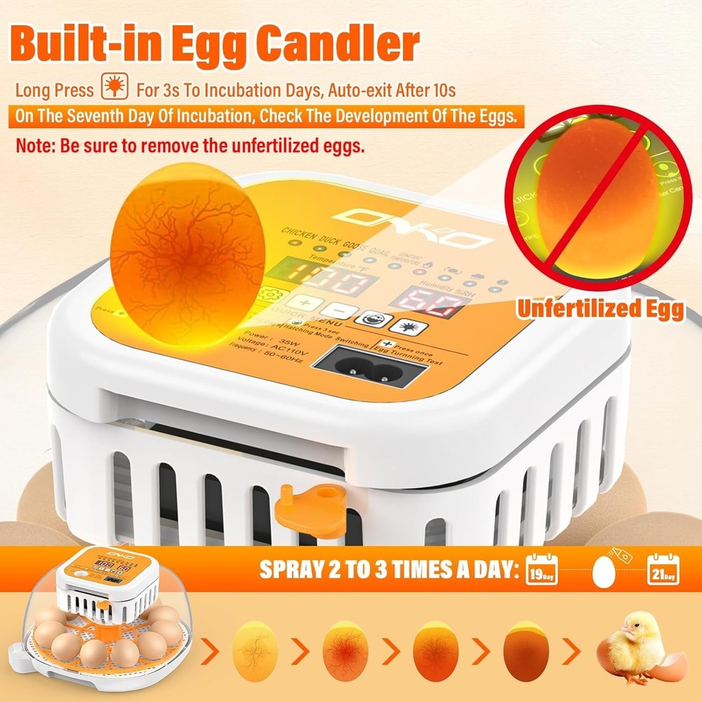 12 Egg Incubator with Automatic Turning, Humidity Control, 360° Clear View