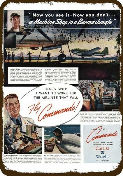 1945 CURTISS WRIGHT COMMANDO AIRCRAFT Vintage Look METAL SIGN - FLY COMMANDO