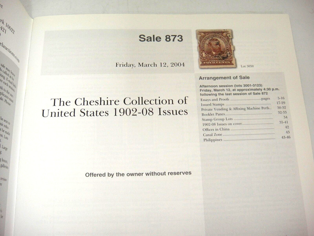 Siegel Stamp Auction Catalog w Prices Cheshire Collection 1902-08 Issues 2004