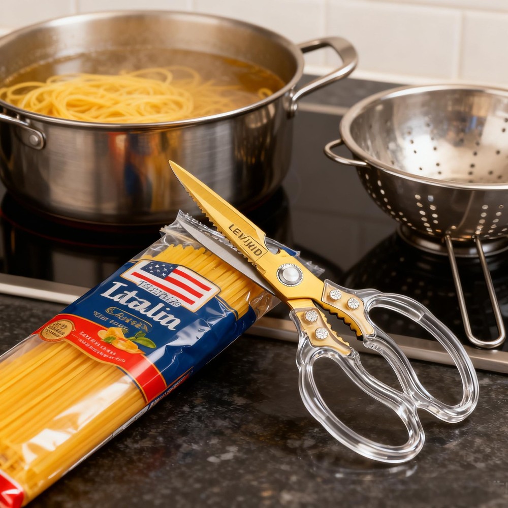 LEVUKIID Rust-Resistant Kitchen Scissors, Transparent and 9 INCH, Gold