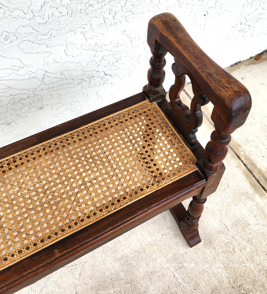 Antique English Walnut & Cane Window Bench