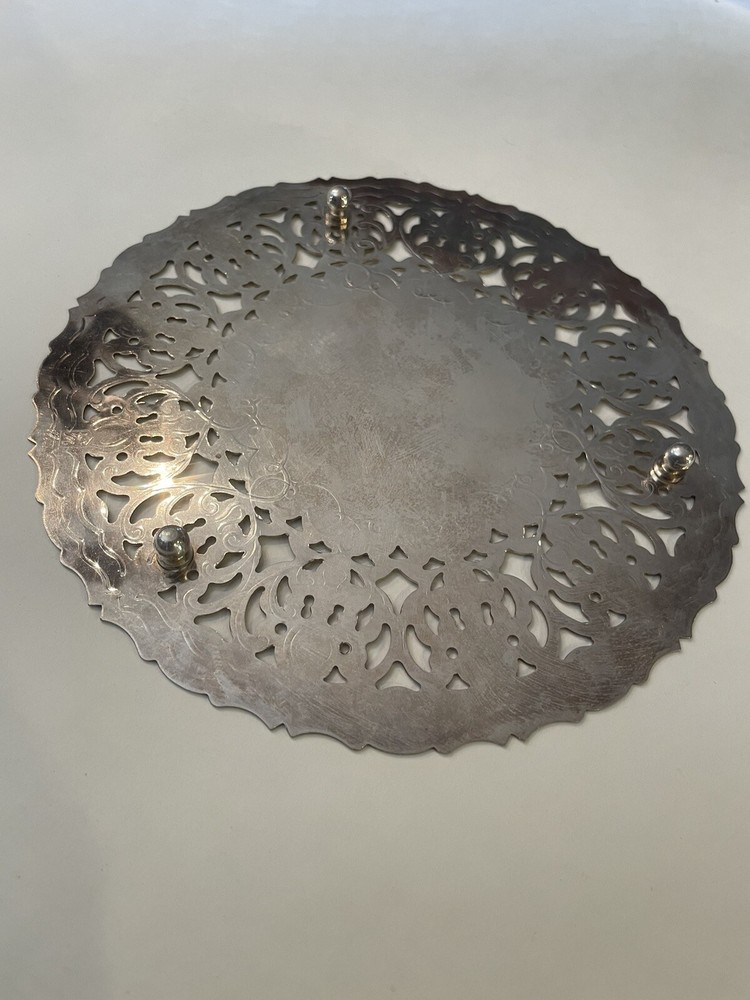 Vintage Crown WA Silver Plate 7.5" Round Pierced Scroll Pattern Footed Trivet
