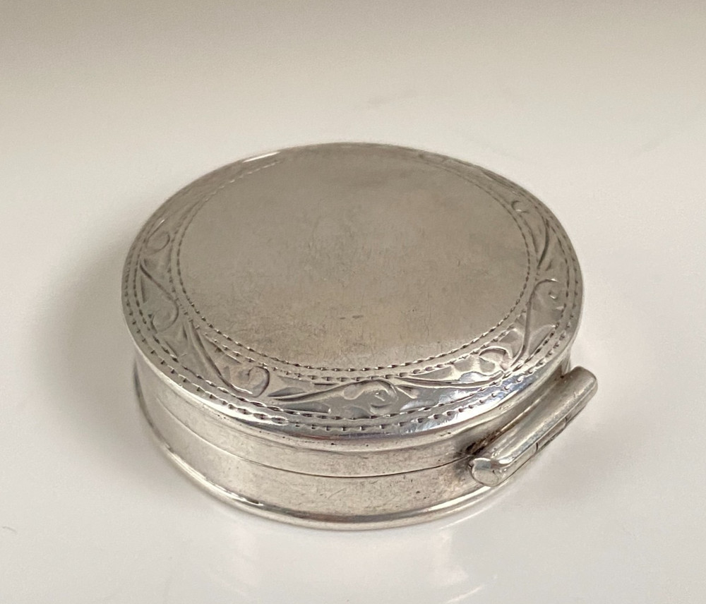 Vintage Carrs Solid Silver Hinged Pill Box Chased Foliate Border Hallmarked