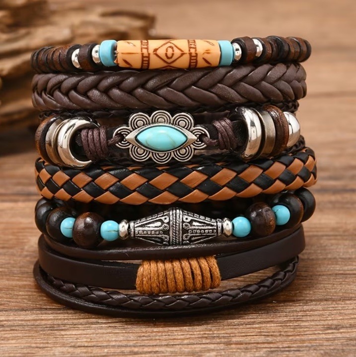 6 PC Leather Western Punk Bracelet Stackable Adjustable Tie New Free Ship C113