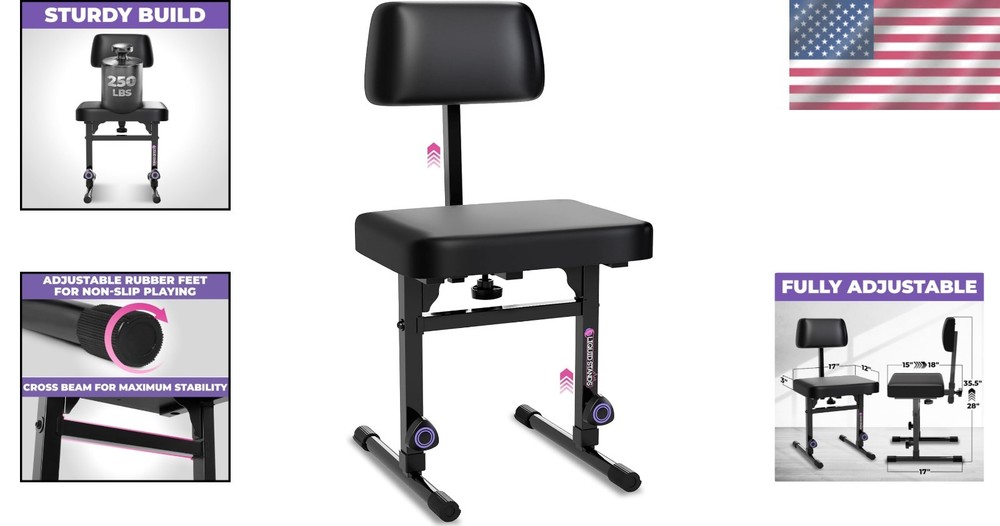 Adjustable Piano Bench with Backrest – Black Padded Seat