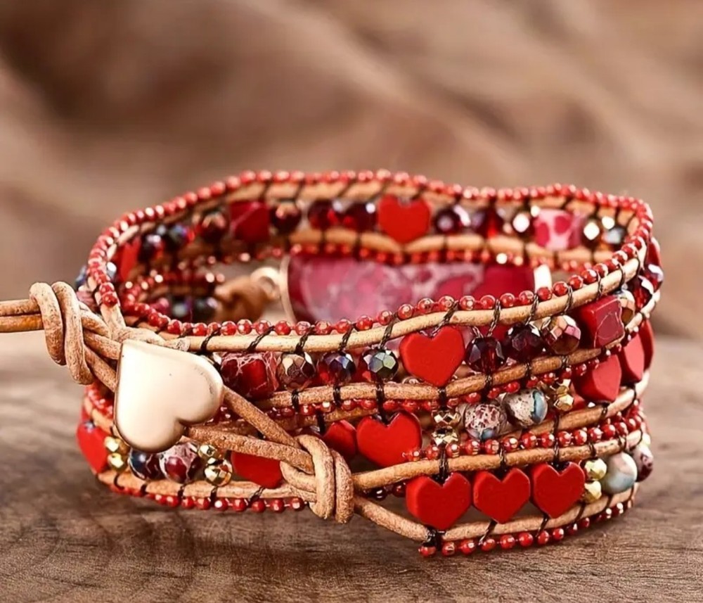 Boho Red Jasper Stone Heart Beaded 3-Layer Wrap Bracelet Heart Beads Adjustable