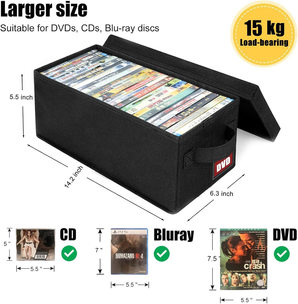 DVD Storage Boxes, 6P Larger DVD Storage Cases with Lid, Stackable Fabrics Media