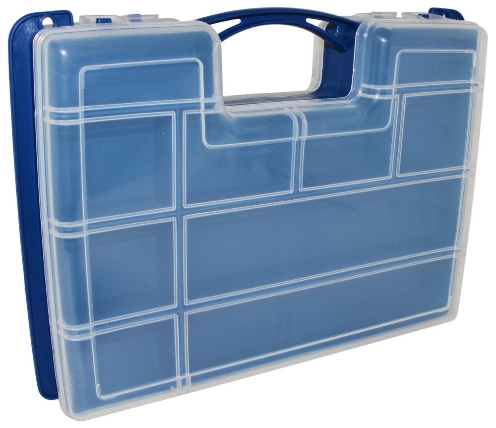 Portable Hobby Storage Box with Latching Lid & Handle, 2 Sided, 14 Compartments
