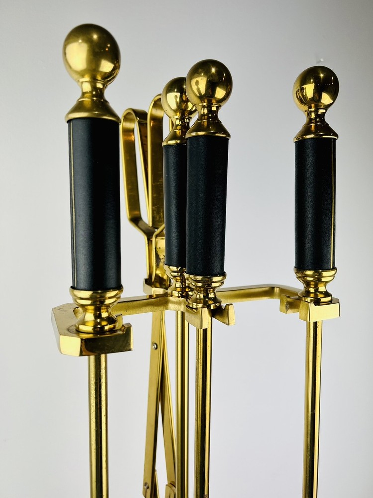 Vintage Solid Brass Black Leather Handles MCM Fireplace 5 Piece Tool Set