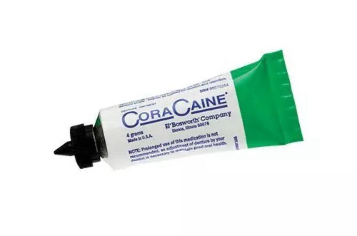 (2) Bosworth 16621 Cora-Caine 16% Topical Denture Adhesive•4gm tubes•EXP 2/24/28