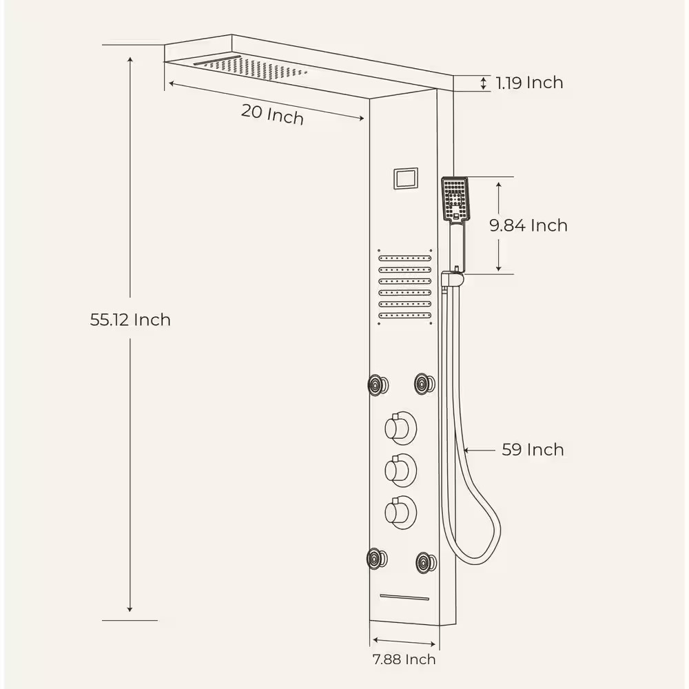 55 In. 6-Jet LED Rainfall Waterfall Shower Panel System with Adjustable Hand Bod