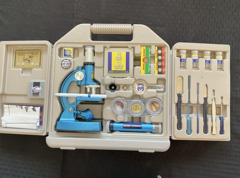 Micro-Science Complete Microscope Set Kids Science Kit Animal Fibers Tools Case