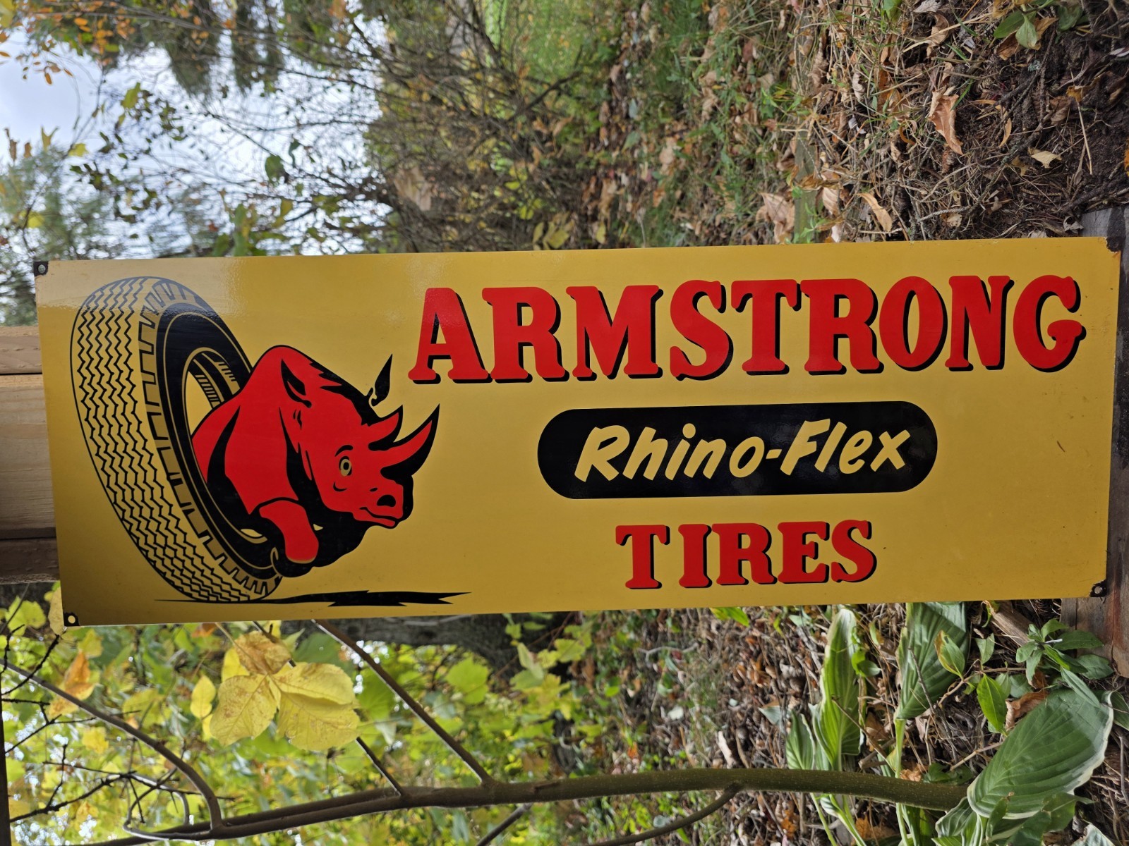 LARGE VINTAGE ARMSTRONG RHINO-FLEX TIRES PORCELAIN SIGN 12" X 35"