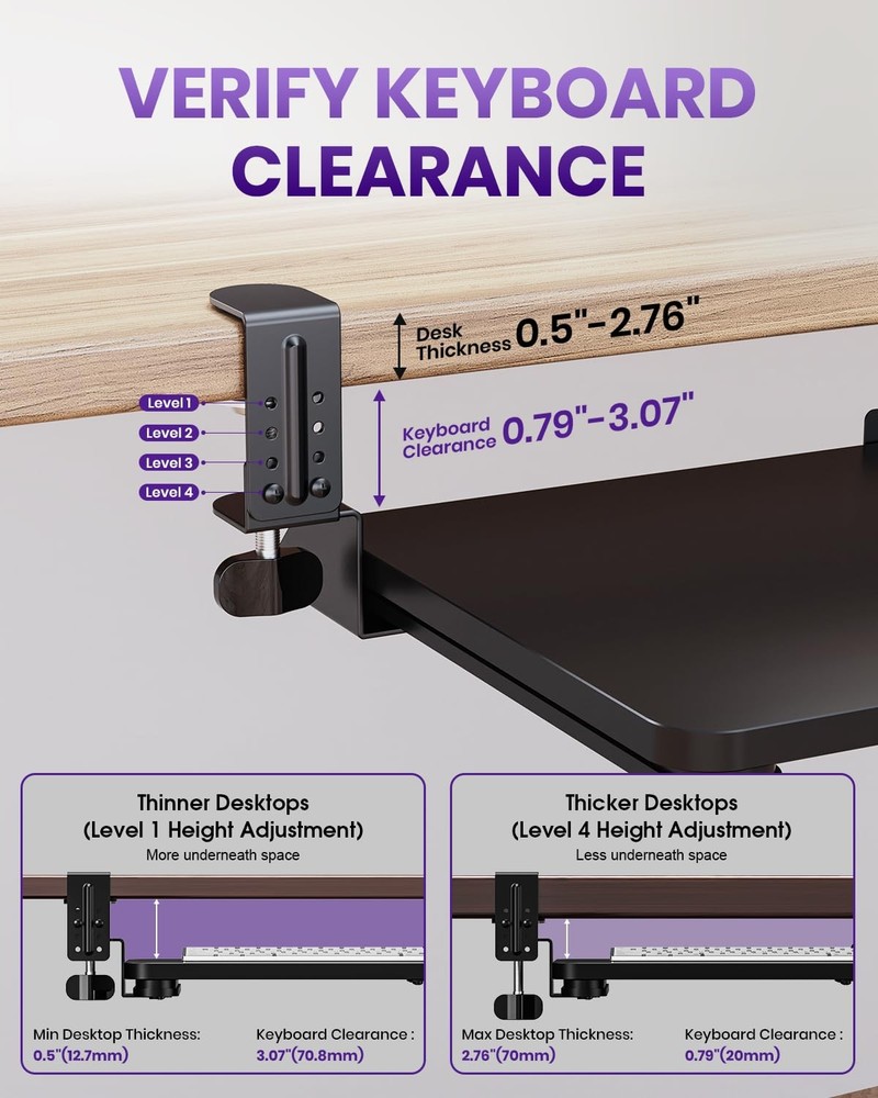 Ergonomic Mouse & Keyboard Tray under Desk, Pull Out with Adjustable C-Clamp, 20
