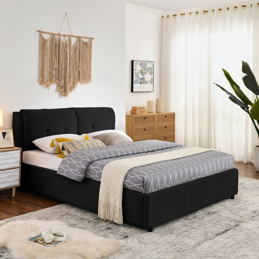 Queen/King Size Upholstered Platform Bed Frame w/ Hydraulic Storage System Black