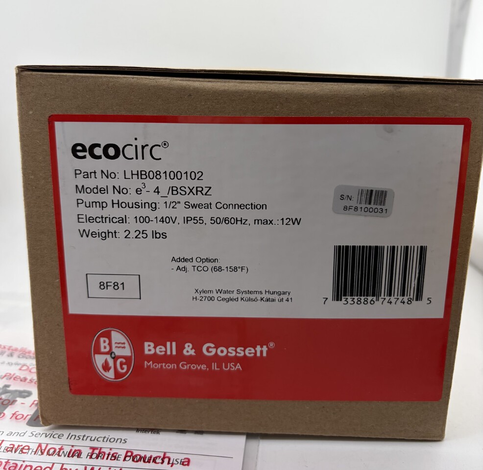 BELL & GOSSETT XYLEM ECOCIRC E3-4 BSXRZ 1/2" SWEAT CONNECTION PUMP LHB08100102