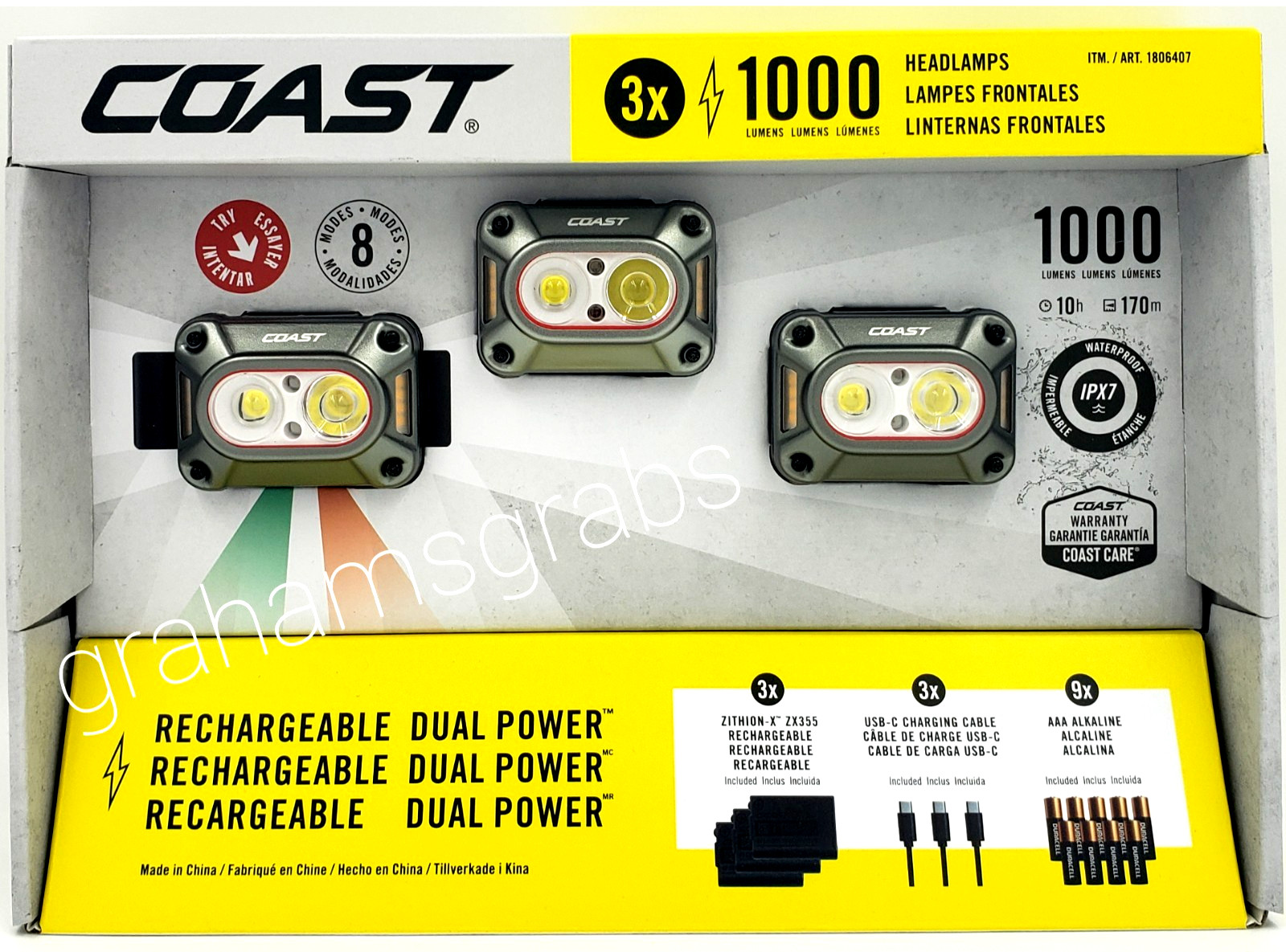 COAST CH1000R 1000-Lumen HEADLAMP 3 Ct. RECHARGEABLE DUAL POWER IPX7 WATERPROOF