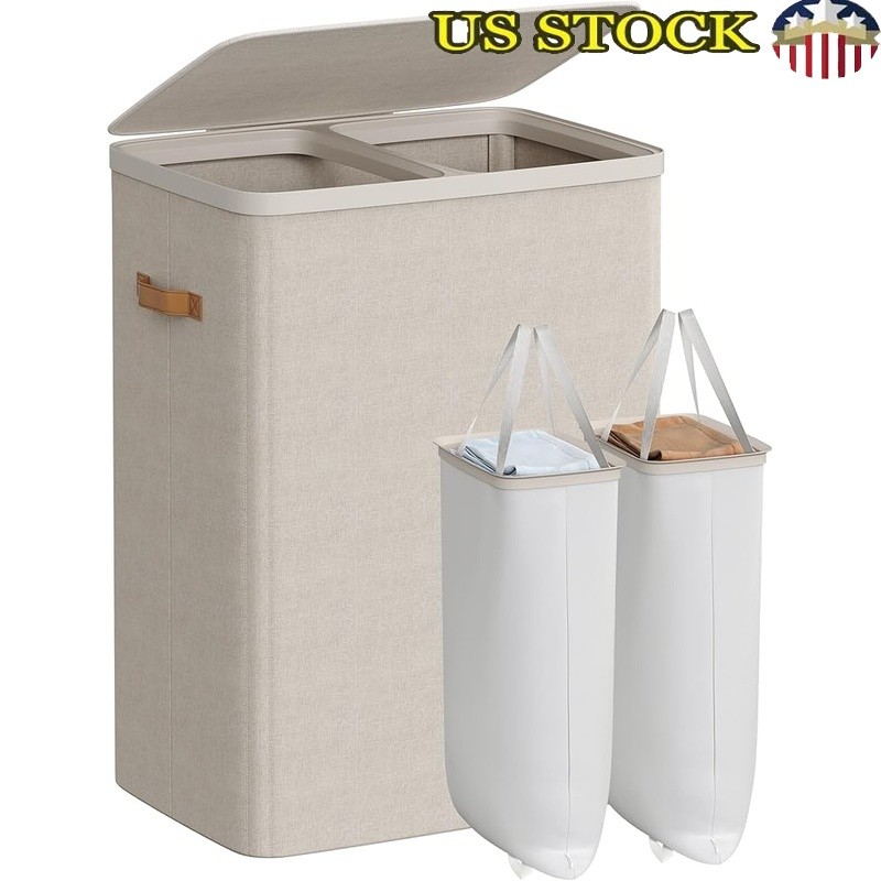 Laundry Basket W/ 2 Compartments Easy Assembly Hamper W/ Lid & Handles New
