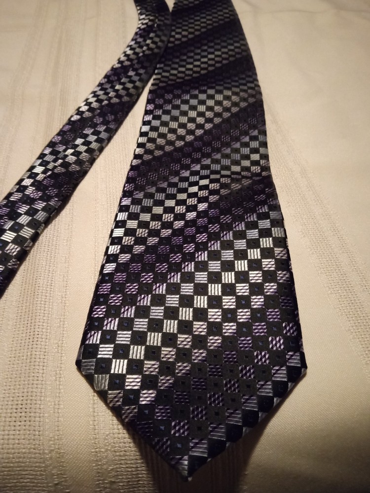 MENS NECK TIE SILK COVINGTON BLACK SILVER GRAY PATTERN