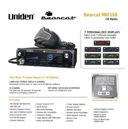Uniden BEARCAT980 40-Channel SSB CB Radio with 7-Color Digital Display