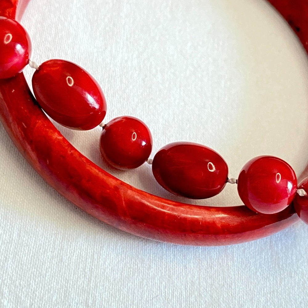 Red Beaded Necklace And Bangle Bracelet Married Set