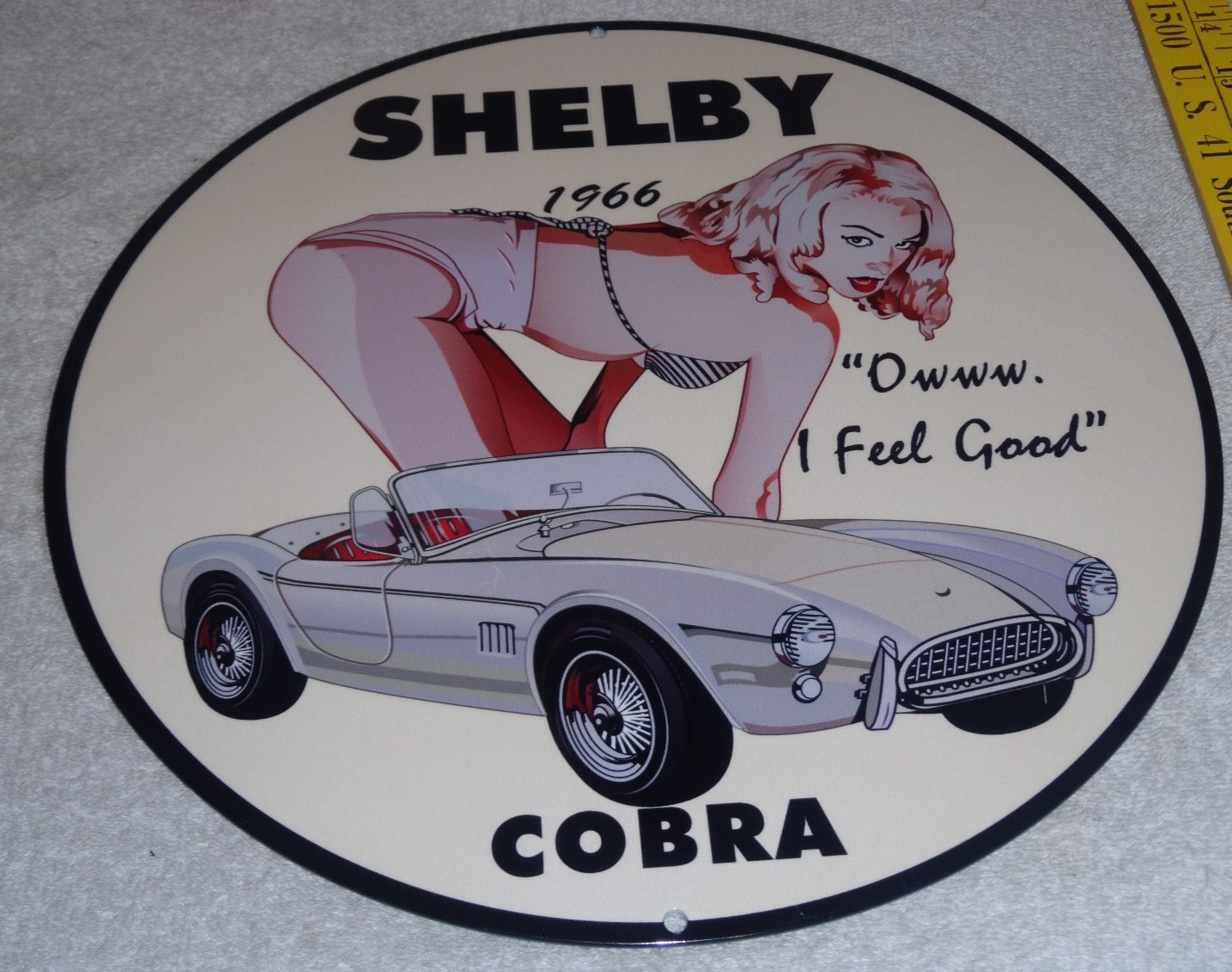 VINTAGE 1966 FORD SHELBY COBRA SPORTS CAR & WOMAN 12" METAL GASOLINE & OIL SIGN!